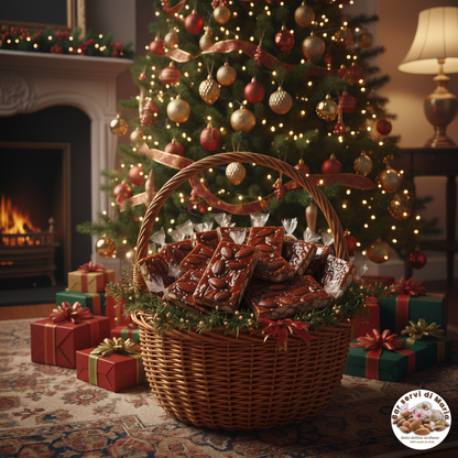 Cesta con stecche di torrone alle mandorle dolci delizie siciliane, sotto albero di natale
