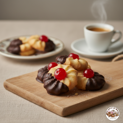 biscotti al burro dolci tipici siciliani con copertura al cioccolato fondente e ciliegia candita.