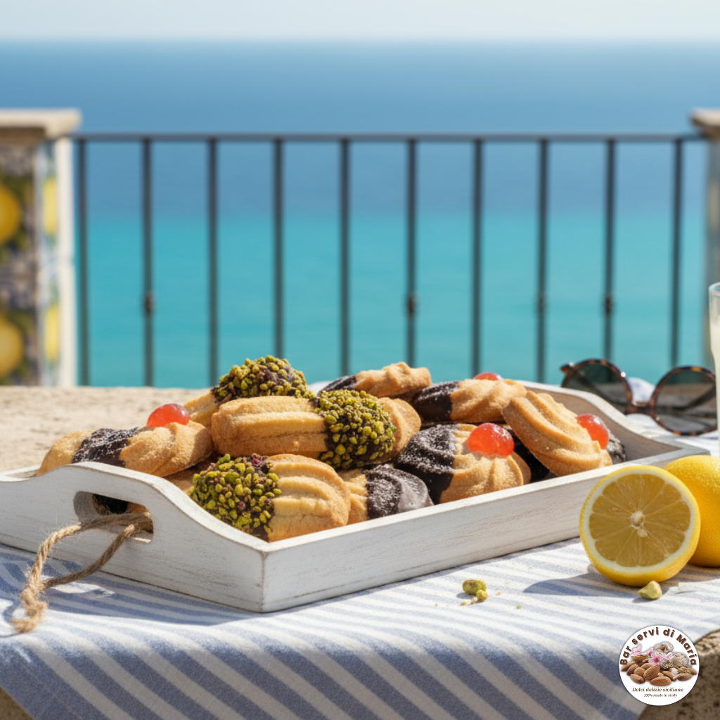 Biscotti al burro dolci tipici siciliani al sole, con ambientazione estiva che richiama il mare e la freschezza.