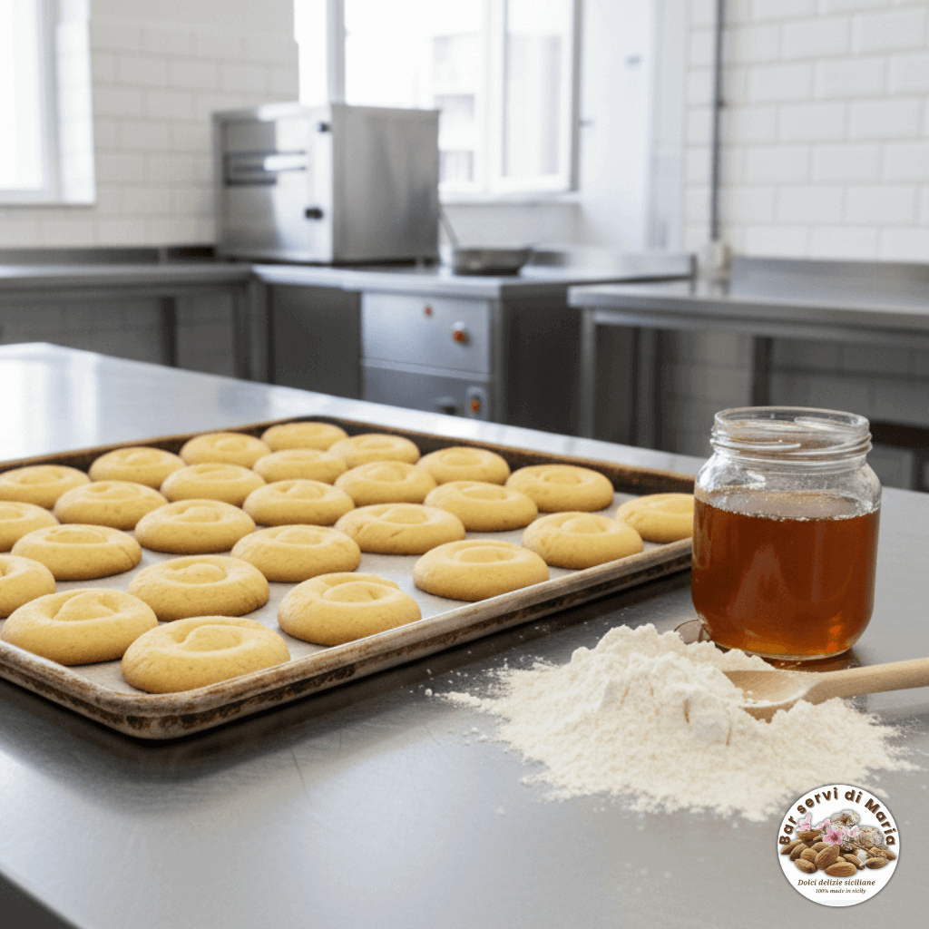 Biscotti al miele appena sfornati, su teglia da forno in laboratorio di pasticceria