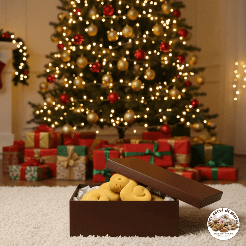 biscotti al miele dolci delizie siciliane in scatola marrone scuro, sotto l'albero di natale