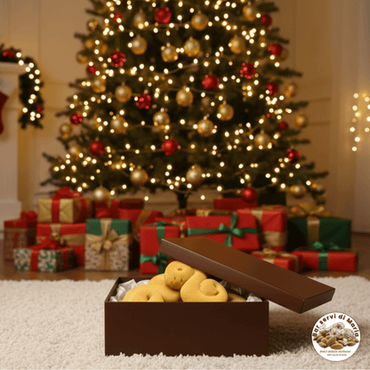 biscotti al miele dolci delizie siciliane in scatola marrone scuro, sotto l'albero di natale