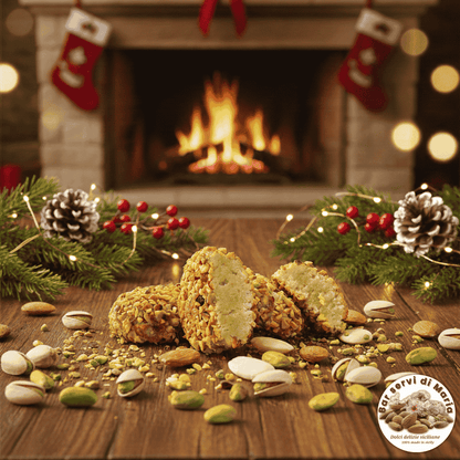 natale biscotti pistacchio e mandorle dolci delizie siciliane su sfondo ambientazione natalizia con camino e frutta secca