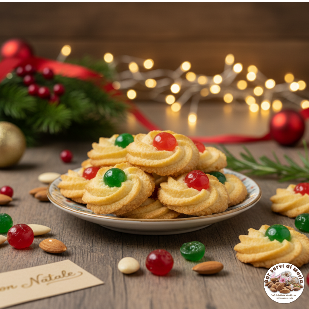 Biscotti alle mandorle siciliani con ciliegia candita su tavola natalizia. Foto prodotto per shop online a tema natalizio. Idee regalo dolci.