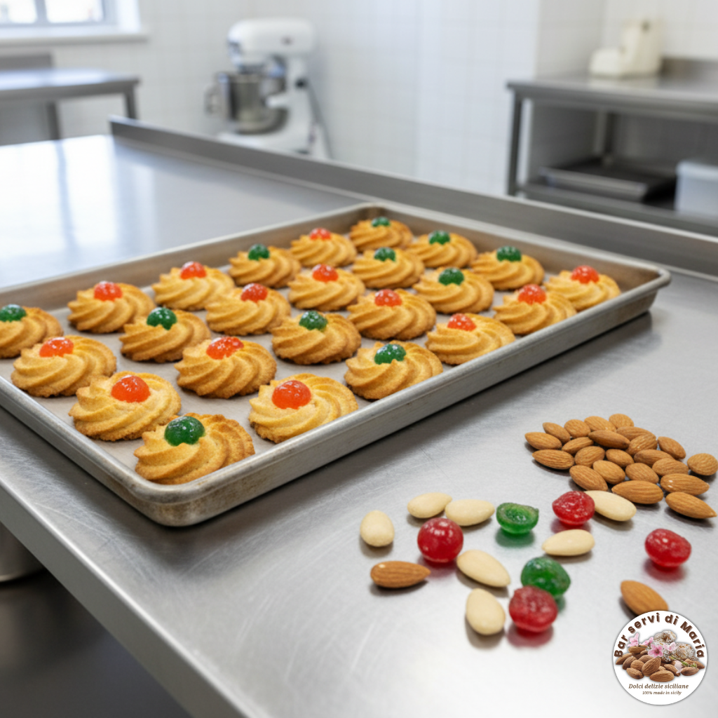 Biscotti di mandorle con ciliegia candita in teglia. Foto in laboratorio di pasticceria professionale con tavolo in acciaio.